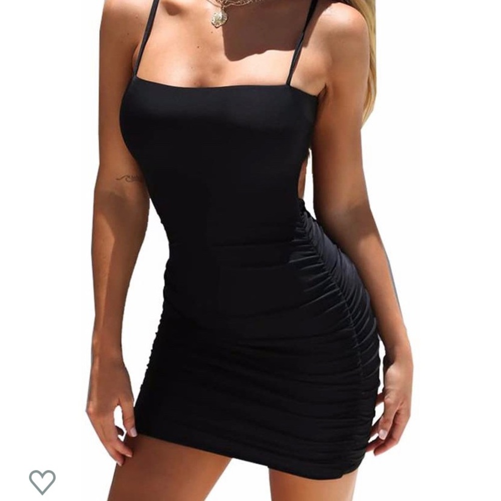 Ruched black body con dress open back with tie